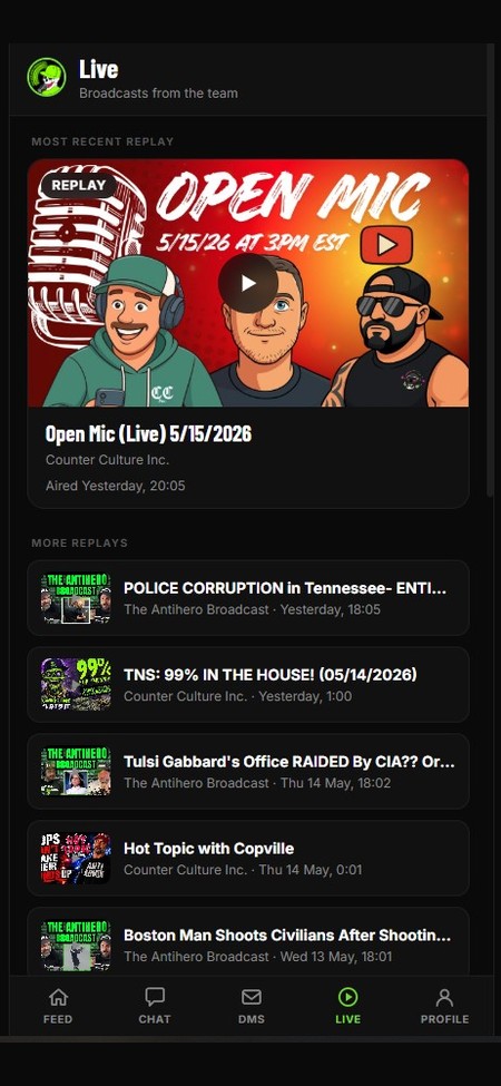Broadcast community app screen