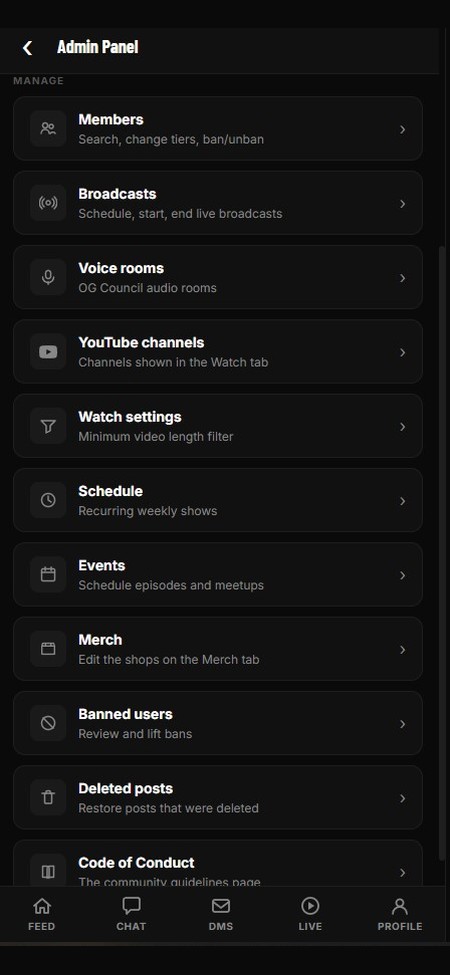 Broadcast community app screen