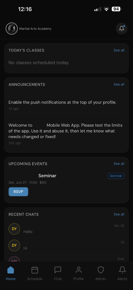 Martial arts app screen
