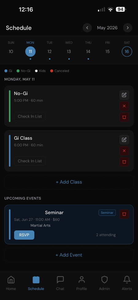 Martial arts app screen