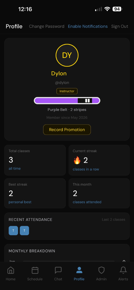 Martial arts app screen