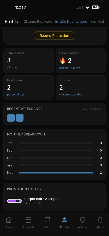 Martial arts app screen